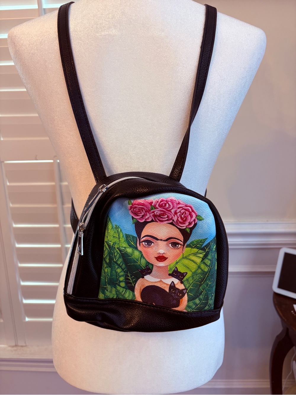 Frida Kahlo Floral Mini Backpack - Black with Colorful Print